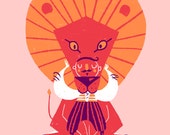 Circus Lion postcard - colourful illustration of a brave lion with a man's head in his mouth. In pink, red, orange, purple. postcrossing.