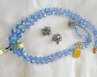 Double Strand Blue Crystal Necklace/Earrings MINT condition with tags/DEAUVILLE Blue Crystal Necklace Earrings/Blue Crystal Demi Parure