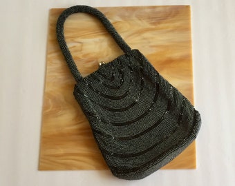 Vintage Black Evening Bag/Beaded Grey and Black Evening Bag with Beaded and Rhinestone Closure/Black Beaded Evening Bag/Grey Beaded Purse