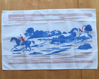 Horse Tea Towel/Hunting Scene Tea Towel/Fox Hunting Scene Table or Vanity Topper/Vintage Cotton Fox Hunt Scene/Vintage Fox Hunting Scene