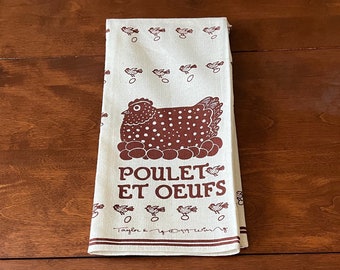 Vintage 1979 POULET ET OEUFS Dish Towel Signed Win Ng/Taylor and Ng Brown Chicken and Eggs Dish Towel/Taylor Ng Chicken and Eggs Dish Towel