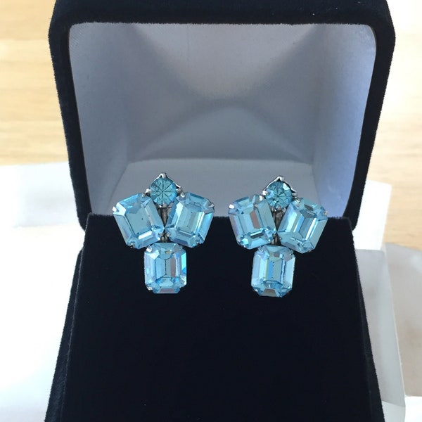 Weiss Blue Rhinestone Earrings, Weiss Rhinestone Earrings, Weiss Emerald Cut Lt Blue Rhinestone Earrings, Weiss Emerald Cut Blue Earrings