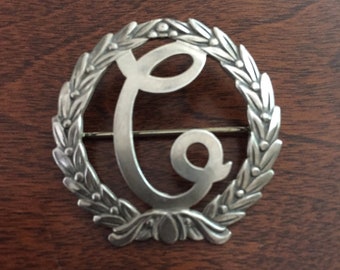 Vintage Sterling Silver Initial C Laurel Wreath Pin