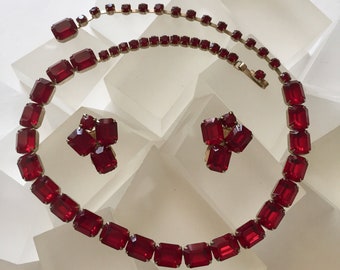 Collar/Pendientes de diamantes de imitación de corte esmeralda blanco/Collar/Pendientes de diamantes de imitación rojo blanco/Demi Parure de diamantes de imitación rojo blanco/Diamantes de imitación rojo blanco