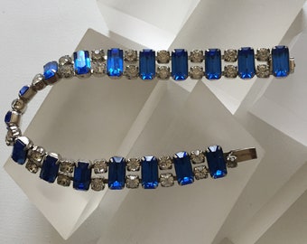 Kramer Blue and Clear Rhinestone Bracelet/Kramer Signed Bracelet with Blue and Clear Rhinestones/KRAMER Rhinestone Bracelet/Kramer BlueClear