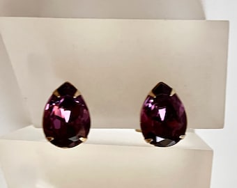 Weiss Purple Rhinestone Earrings/Weiss Purple Pear Shaped Earrings/Weiss Amethyst Pear Shaped Clip On Earrings/ Weiss Pear Shaped Earrings