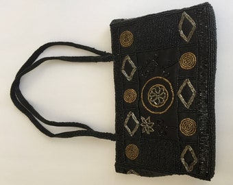 Vintage Black Evening Bag/Beaded Black Gold Bag/Black Beaded Evening Bag/Vintage Beaded Sequined Black Evening Bag/Black Evening Bag