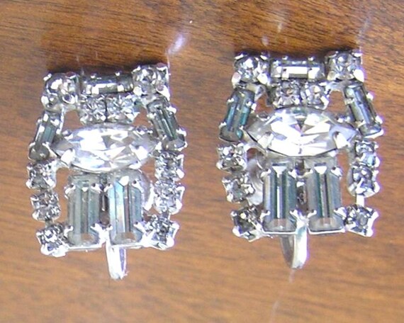 Weiss Clear Rhinestone Earrings, Weiss Emerald Cut Earrings, Weiss Marquis Rhinestone Earrings, Vintage Weiss Rhinestone Earrings