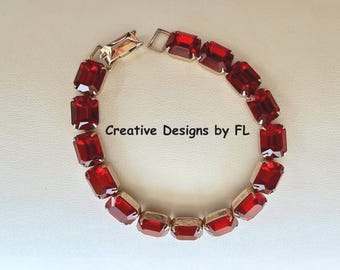 Weiss RARE Red Rhinestone Bracelet/Vintage Weiss Red Rhinestone Bracelet/Weiss Emerald Cut Red Rhinestone Bracelet/Weiss Emerald Cut RED