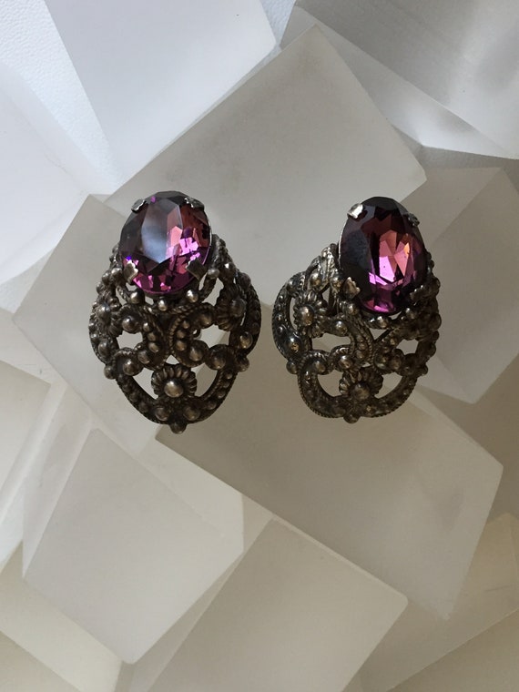 Vintage Signed NAPIER Faux Amethyst Rhinestone Ea… - image 1