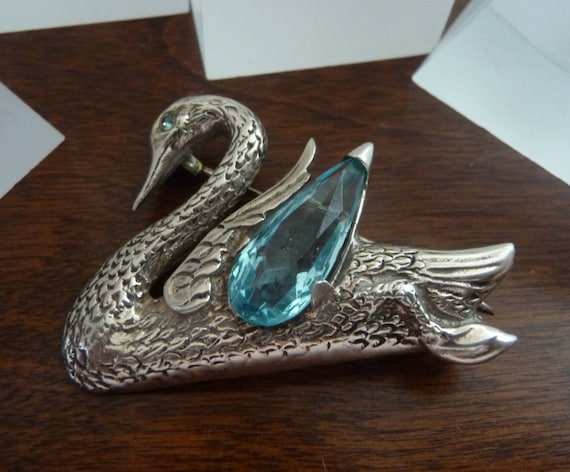 Vintage Swan Brooch Pin, Sterling Silver Swan wit… - image 1