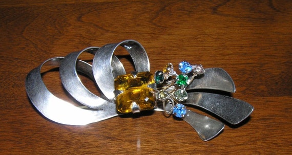 Vintage Glass Bow Pin, Vintage Topaz Bow Pin, Vin… - image 2