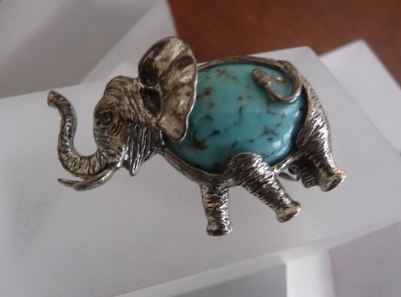 Beau Sterling Elephant/Beau Sterling Elephant Pin/Beau Sterling Elephant w Faux Turquoise/Vintage Sterling Silver Elephant Pin/Good Luck Pin
