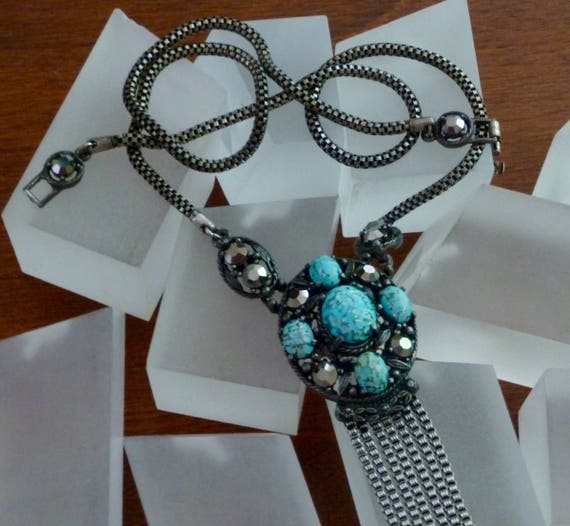 WEISS Turquoise and Hematite Chain Necklace/Weiss… - image 7