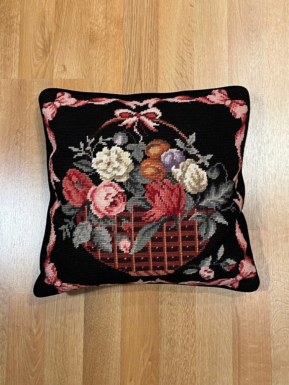 Pink Roses on Brown Back II Needlepoint Pillow