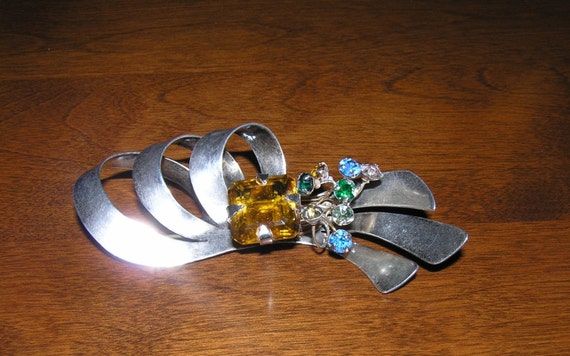 Vintage Glass Bow Pin, Vintage Topaz Bow Pin, Vin… - image 1