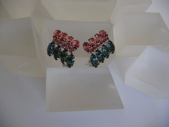 Weiss Pink Blue Rhinestone Earrings, Weiss Marqui… - image 3