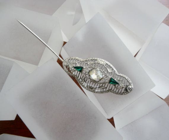 Sterling Art Deco Filigree Green Stone Pin/Sterli… - image 6