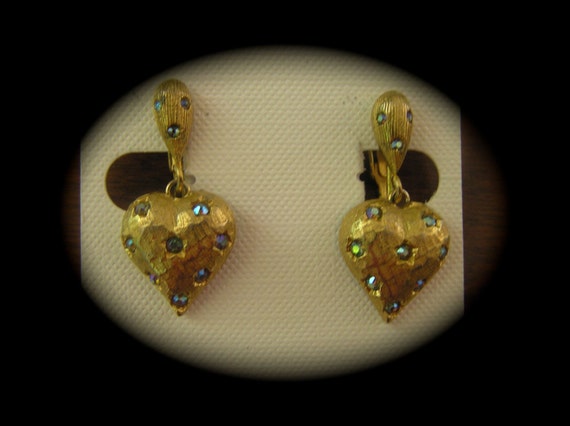 Vintage Weiss Heart w Rhinestone Earrings, Weiss … - image 1