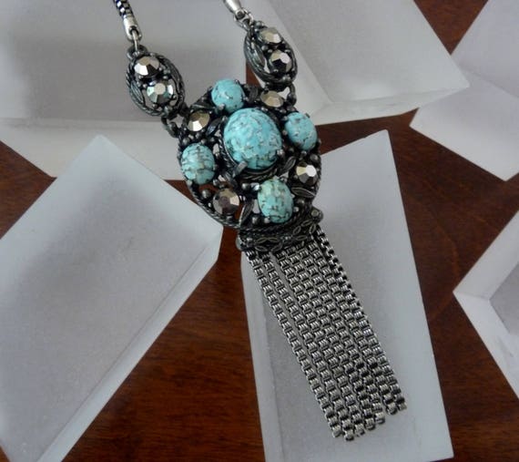 WEISS Turquoise and Hematite Chain Necklace/Weiss… - image 2