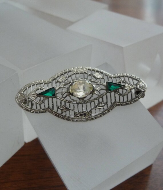 Sterling Art Deco Filigree Green Stone Pin/Sterli… - image 8