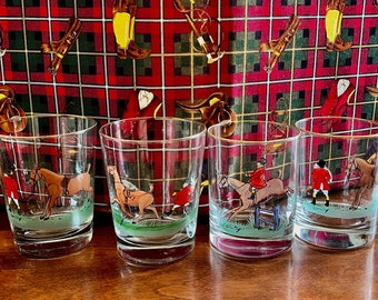 Vasos vintage Cyril Gorainoff Fox Hunt: juego doble de estilo antiguo pintado a mano