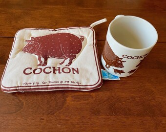 Taylor and Ng Coffee Mug/1979 Brown COCHON Mug and Potholder/Vintage COCHON 1979 Mug and Matching Potholder Signed Win Ng/Taylor Ng COCHON