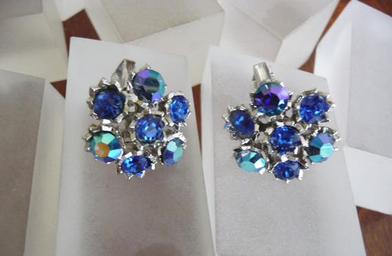 Weiss Blue Rhinestone Earrings/Weiss AB Rhineston… - image 1