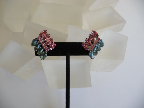 Weiss Pink Blue Rhinestone Earrings, Weiss Marqui… - image 1