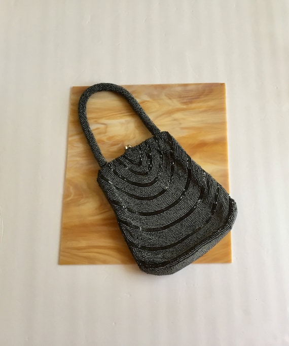 Vintage Black Evening Bag/Beaded Grey and Black Evening Bag with Beaded and Rhinestone Closure/Black Beaded Evening Bag/Grey Beaded Purse