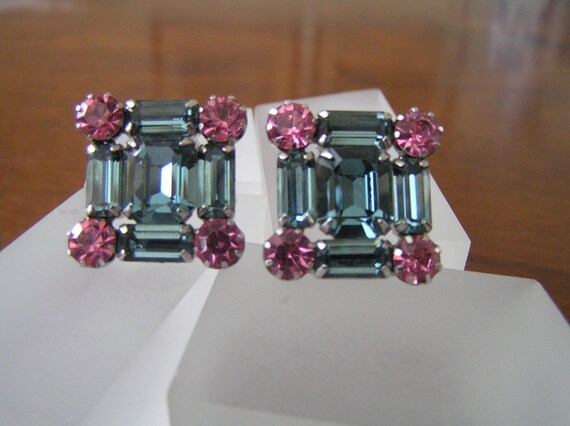 Weiss Pink Blue Rhinestone Earrings, Weiss Emeral… - image 3