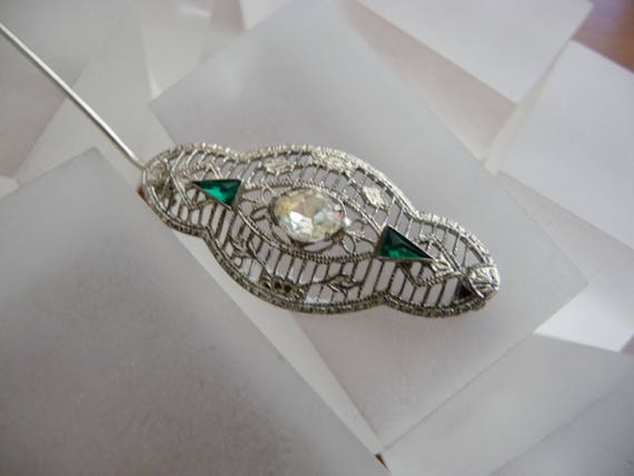 Sterling Art Deco Filigree Green Stone Pin/Sterli… - image 4