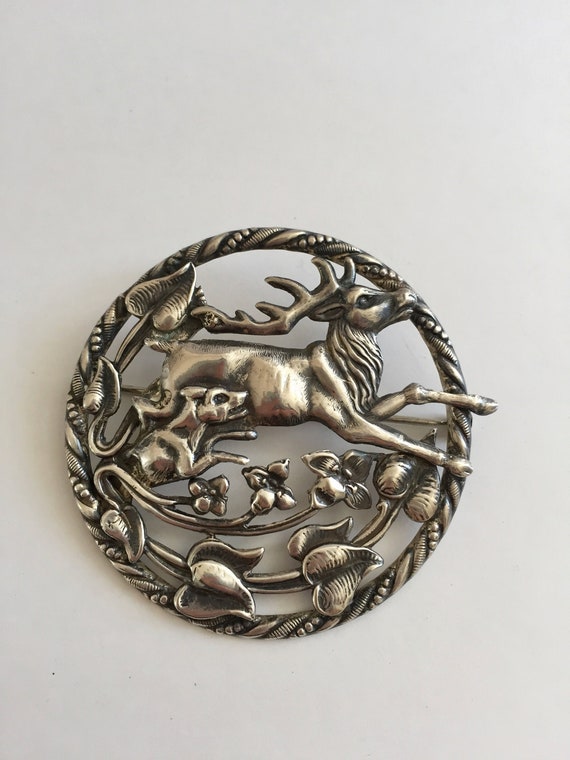 Vintage Sterling STAG Pin/Stag Pin with Dog in Pur