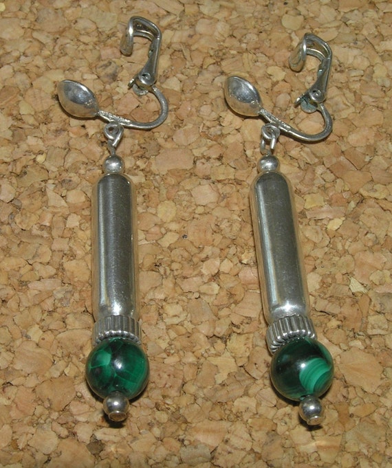 Vintage Sterling Silver Malachite Earrings, Malachite Earrings, Vintage Sterling Silver w Malachite Bead Earrings,Vintage Malachite Earrings