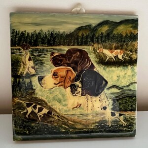 Vintage POINTER DOGS Hand crafted Animal Artworks Tile by Dee Craig Six Inches