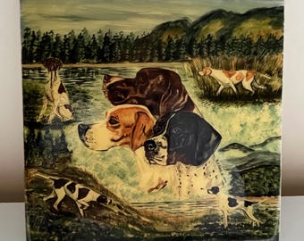 Vintage POINTER DOGS Hand crafted Animal Artworks Tile by Dee Craig Six Inches