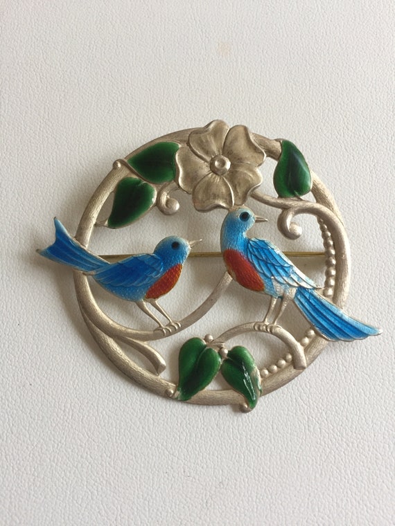 Sterling Love Birds Pin/Signed TRUART Sterling Sil