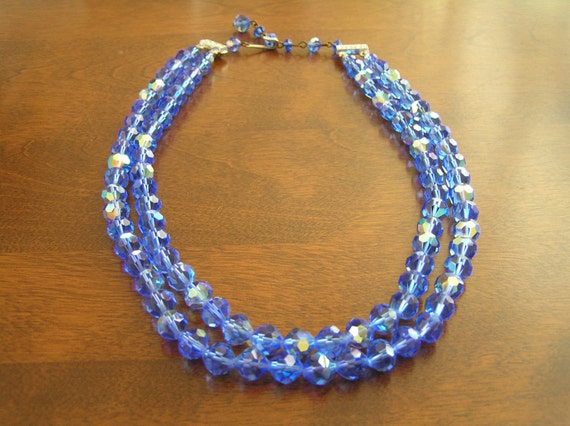 Double Strand Blue Crystal Necklace, Vintage Doub… - image 3