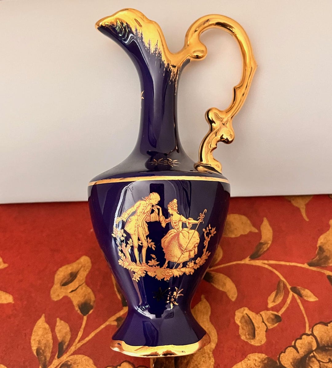 Vintage Limoges Cobalt Porcelain Vase, Gold Courting Couple Accent