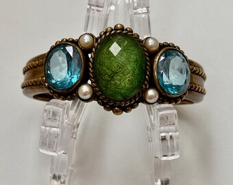 Vintage Stephen Dweck 1998 Bronze Cuff Checkerboard Green Blue Quartz Pearl Beaded Bracelet