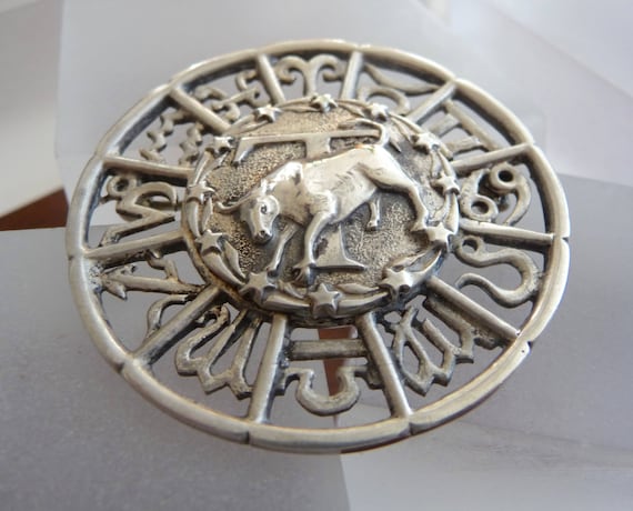 Vintage Sterling TAURUS Pendant Pin/Sterling Silver Taurus Pendant Pin/Sterling Taurus Pendant/Taurus Zodiac Pendant Pin/Sterling Taurus Pin