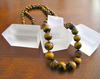 Vintage Tiger Eye Necklace, Hand Knotted Gemstone Beads, 32 inch