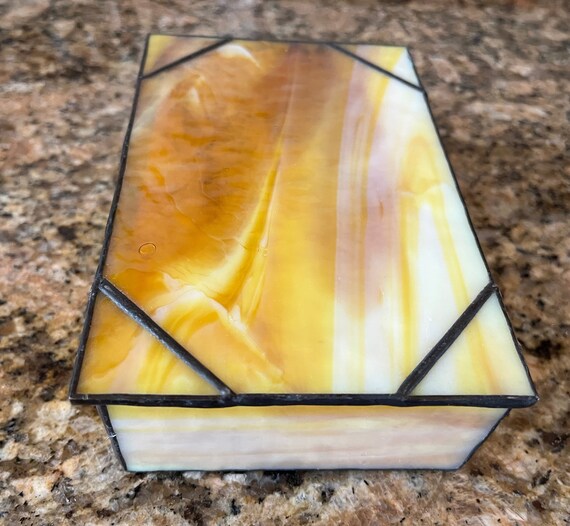 Stained Glass Jewelry Box/Vintage Yellow Gold Slag St… Gem
