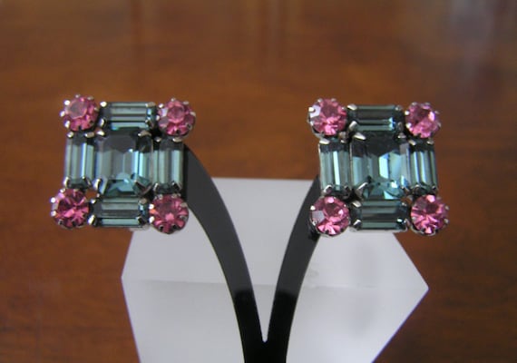 Weiss Pink Blue Rhinestone Earrings, Weiss Emeral… - image 1