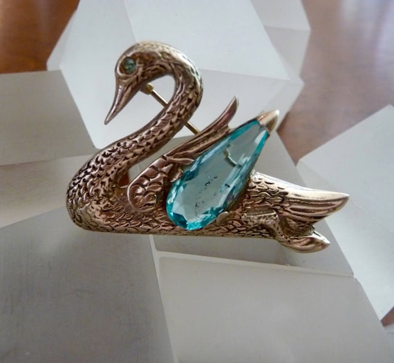 Vintage Swan Brooch Pin, Sterling Silver Swan wit… - image 2