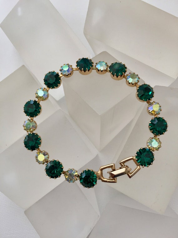 Weiss Green Rhinestone Bracelet, Vintage Weiss Gre