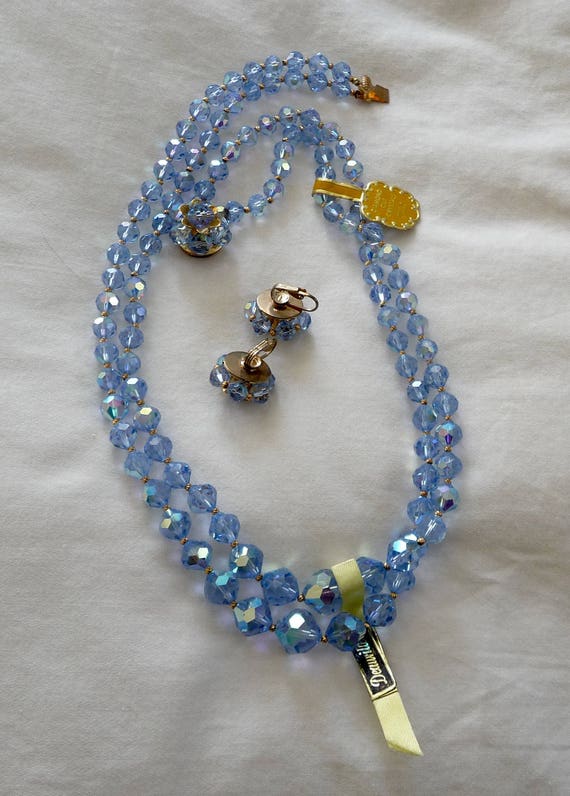 Double Strand Blue Crystal Necklace/Earrings MINT… - image 3