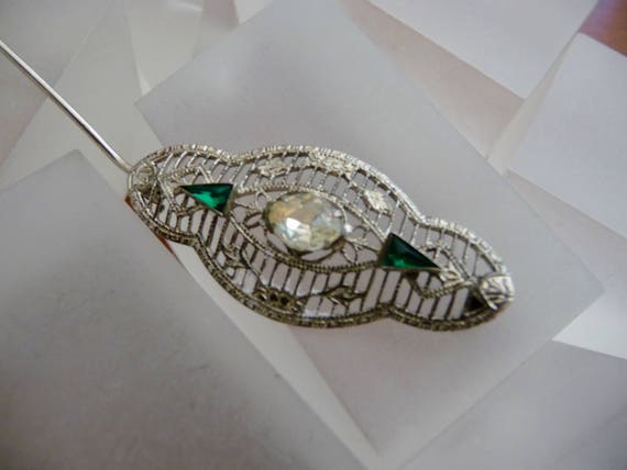 Sterling Art Deco Filigree Green Stone Pin/Sterli… - image 2
