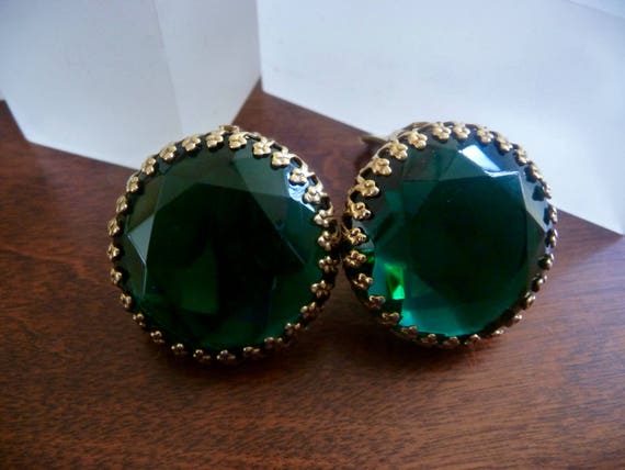 Weiss Green Rhinestone Earrings/Weiss Green Caboc… - image 1