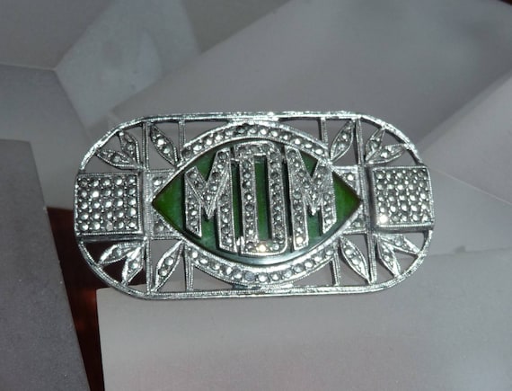 Sterling Art Deco Filigree Green Stone Pin/Sterli… - image 9